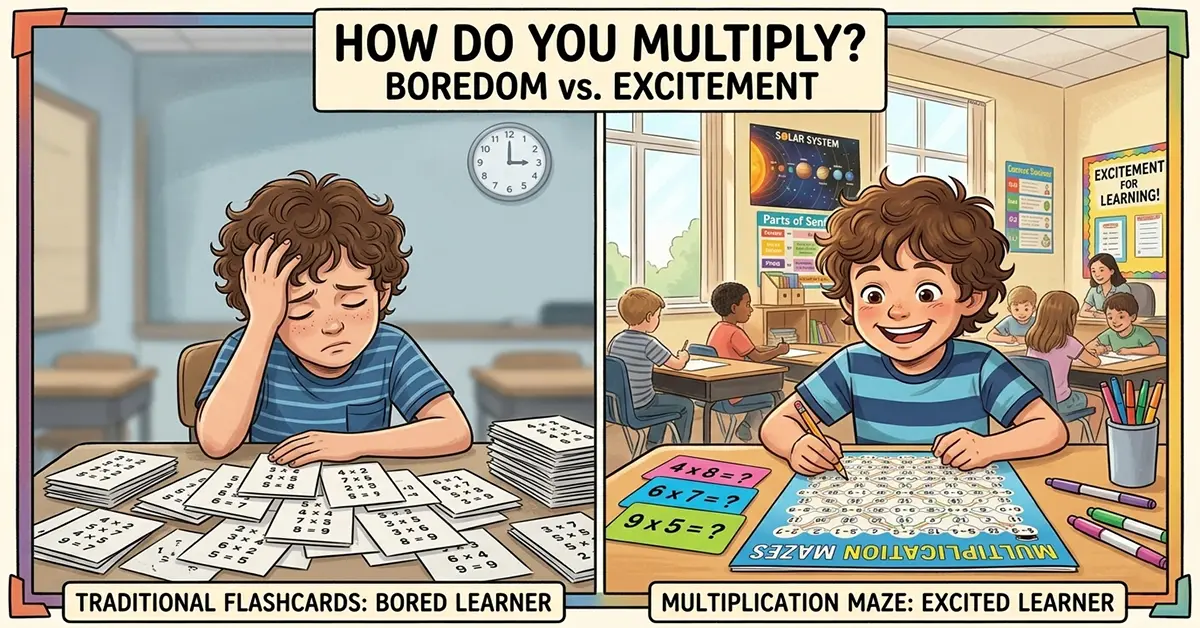 Comparison between traditional multiplication flashcards and fun math maze learning activities for kids.