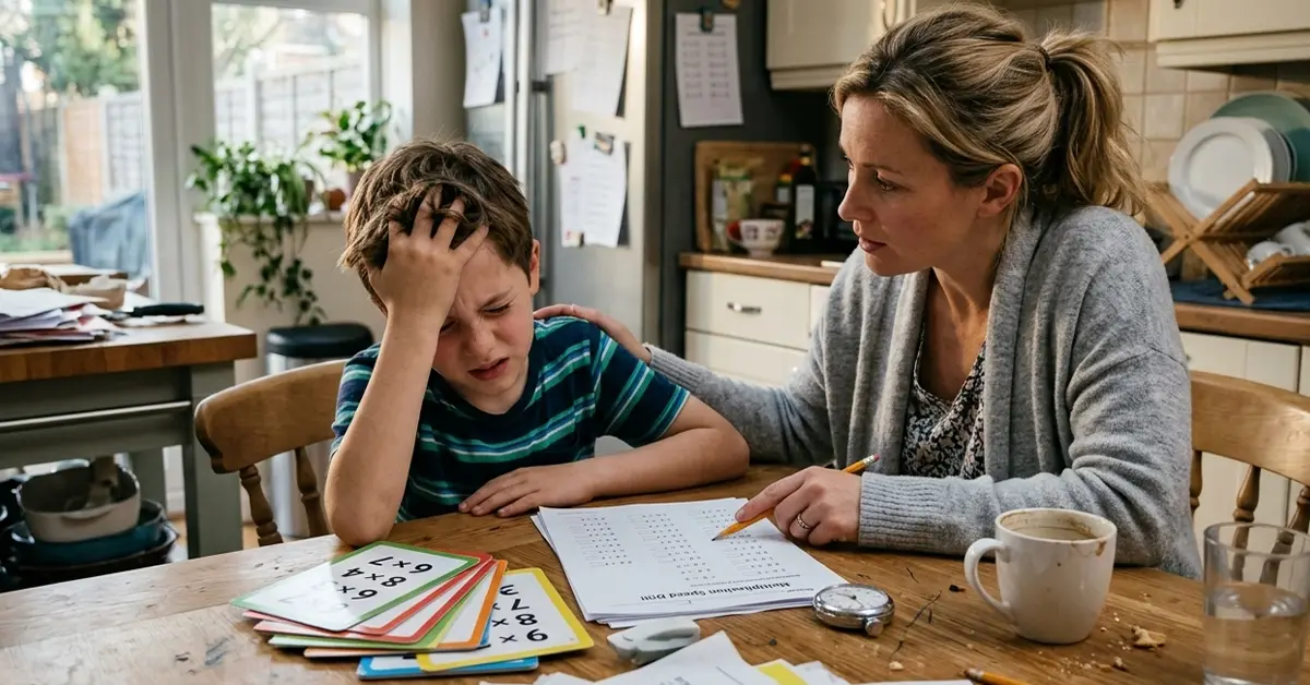 Frustrated child struggling with multiplication flashcards and timed math worksheets at home.