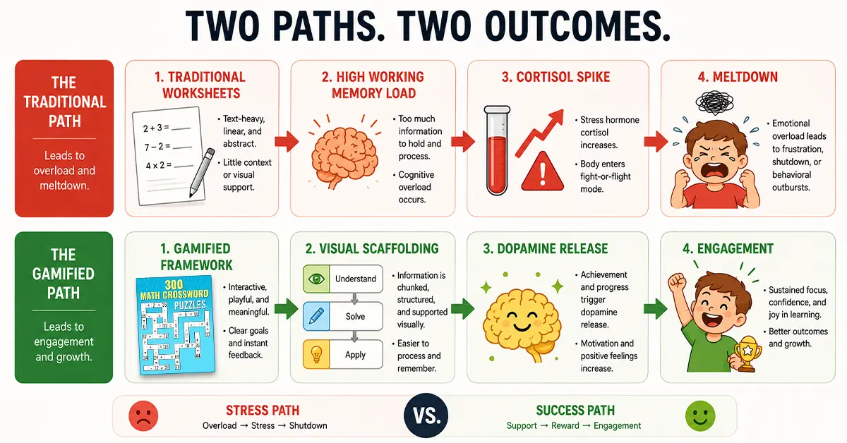 infographic comparing traditional worksheets vs Math crossword learning framework, showing how visual scaffolding and interactive puzzle-based education improve engagement, reduce cognitive overload, and support positive learning outcomes for students.