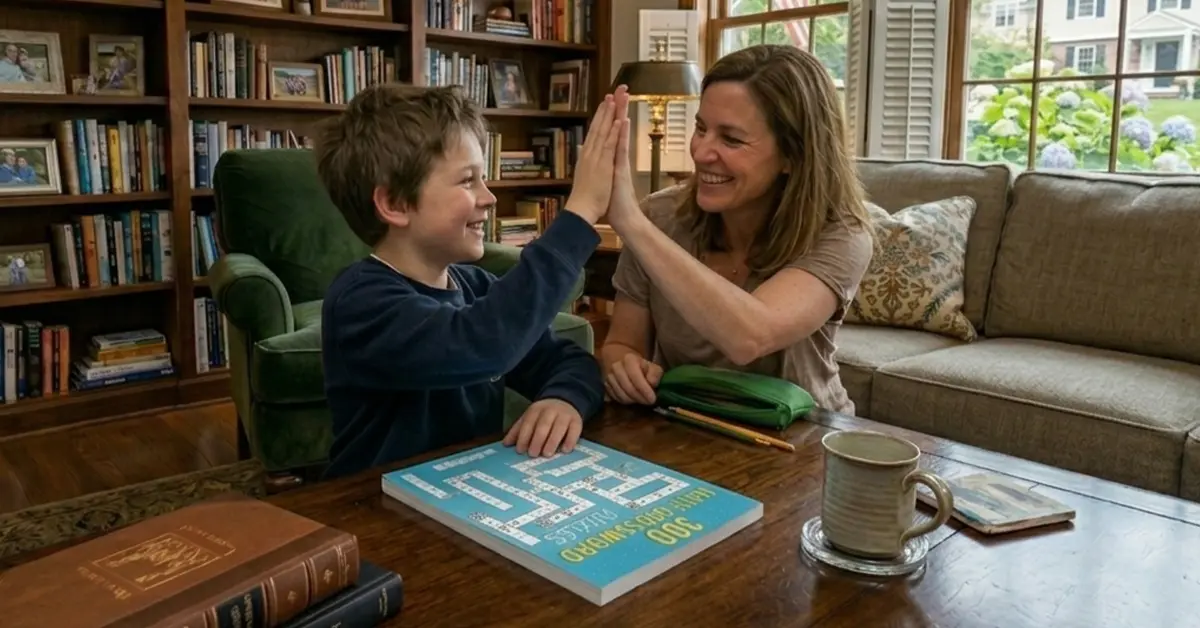 parent and child celebrating math success with fill in the blank math crossword